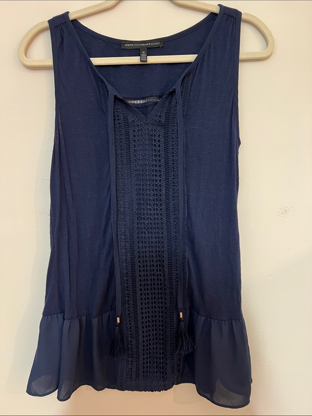 White House Black Market Navy Crochet-Front Sleeveless Tank with Tassels SZ M